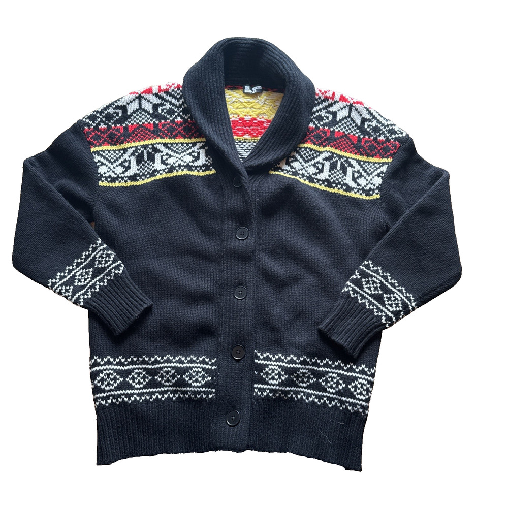 The Kooples Black Printed Shawl Neck Cardigan Sweater Chunky Knit Button Wool